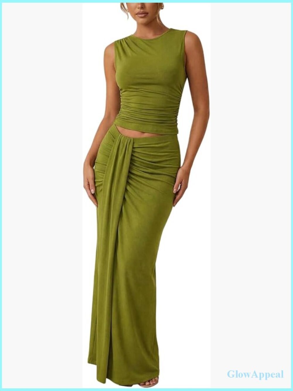 2 Piece Skirt Set: Ruched Tank & Slit Maxi Skirt Going Out Outfit